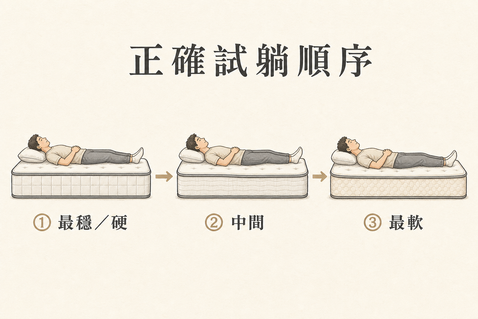 正確床墊試躺順序 從穩硬到柔軟的自然承托插畫