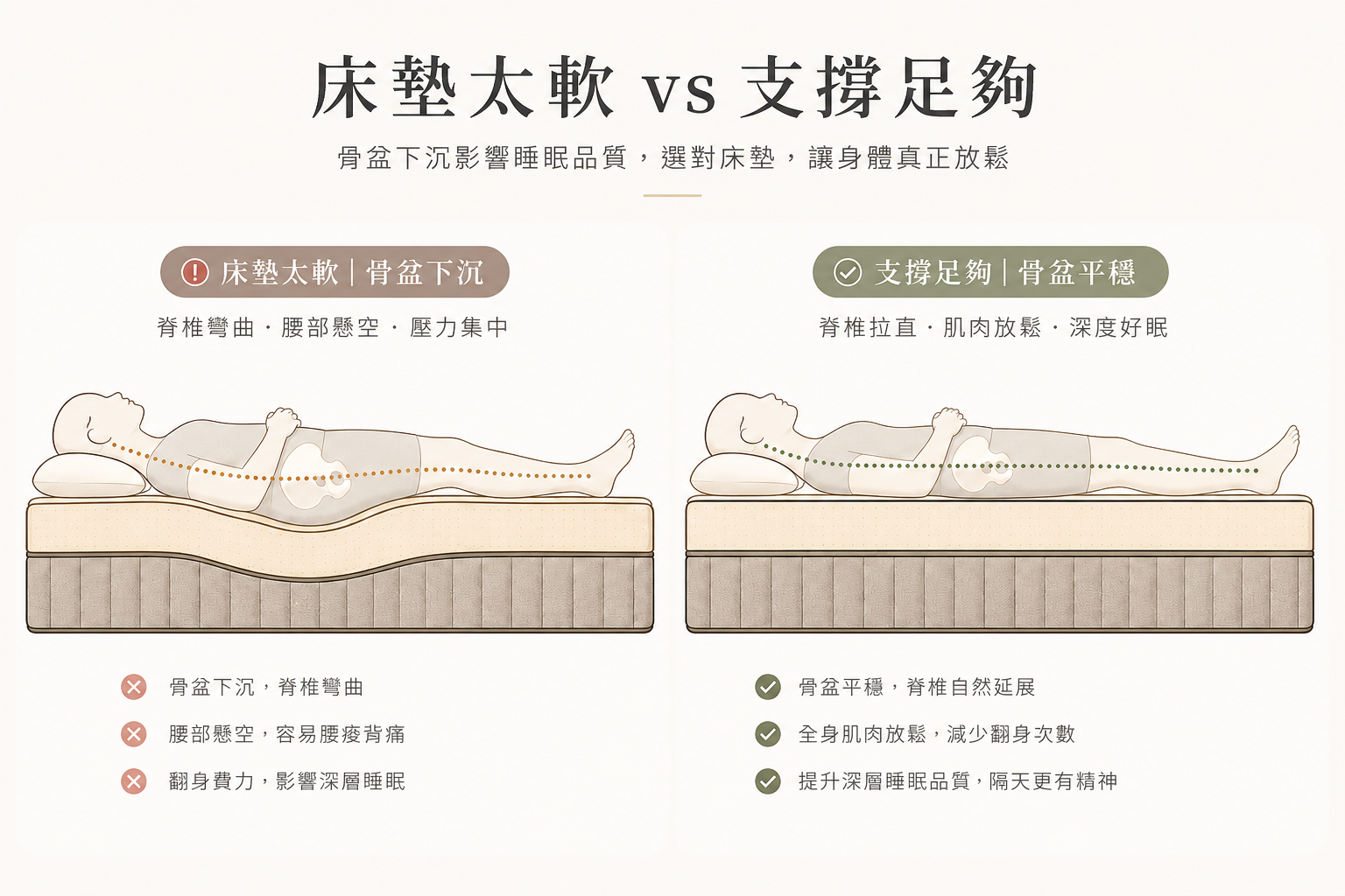 床墊太軟骨盆下沉 vs 支撐足夠骨盆平穩對比示意
