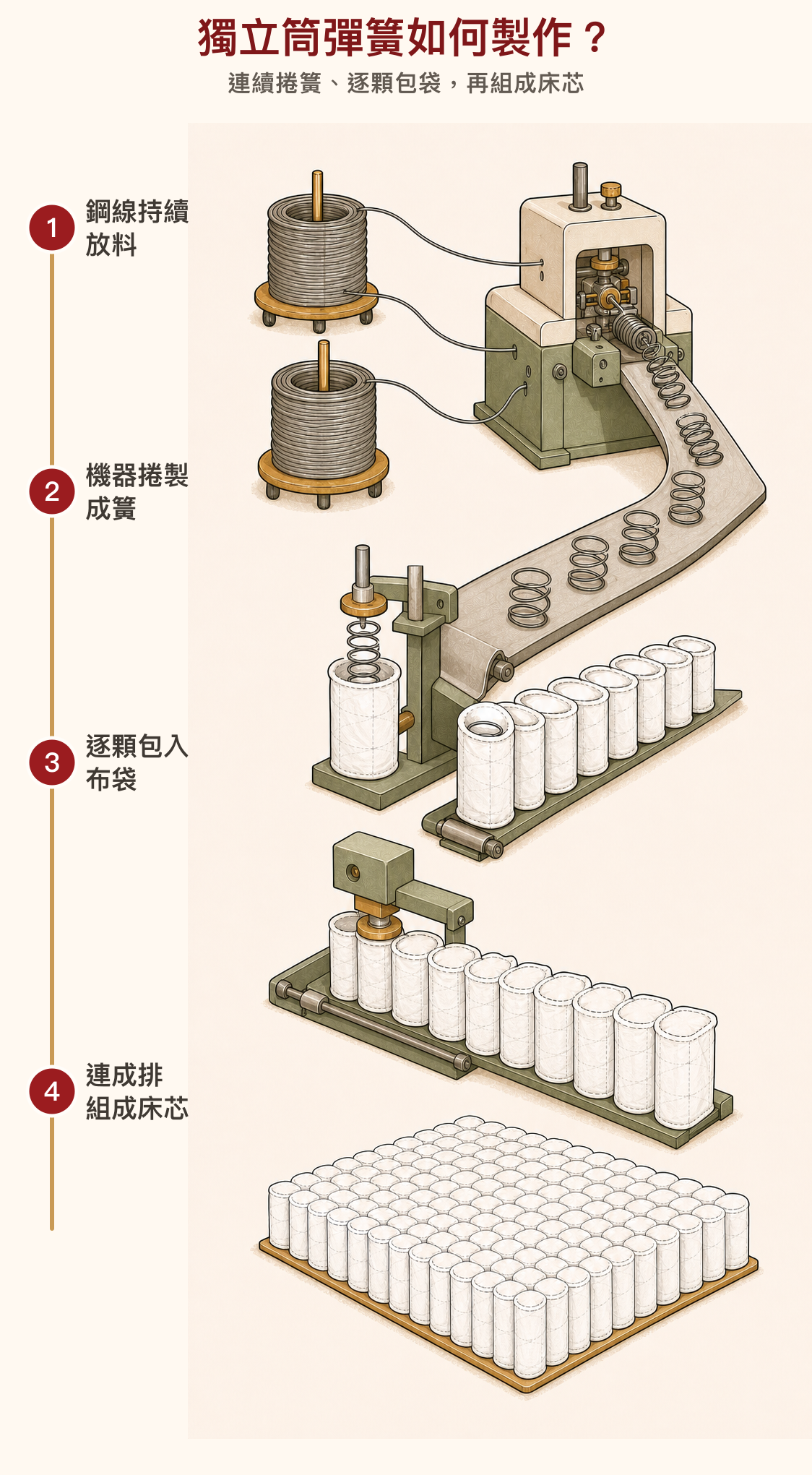 獨立筒彈簧從鋼線捲製、個別包袋到組成床芯的自動化製作流程